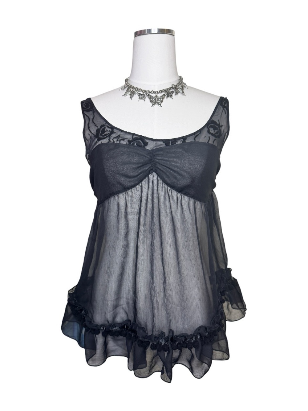 Y2K Victoria’s Secret Black Sheer Lace + Ruffle Babydoll Top Size Medium